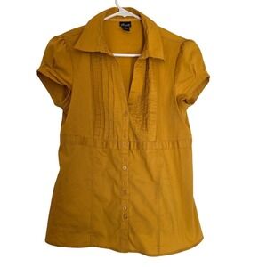 Willi Smith Mustard Yellow Pleated Tuxedo Bib Button Down Blouse Medium